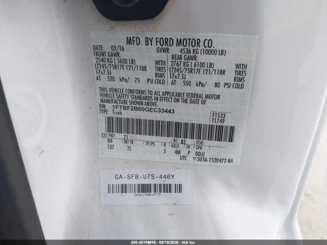 Aukcja sprzedaży 2016 Ford F-250 Xl, vin: 1FTBF2B60GEC33443, numer aukcji: 45176010