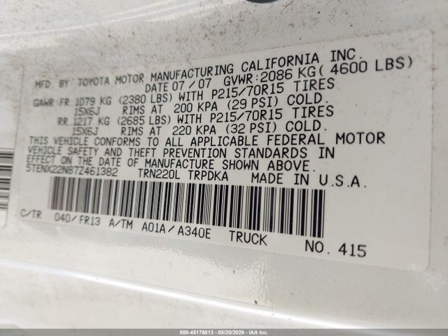 45176013 :رقم المزاد ، 5TENX22N87Z461382 vin ، 2007 Toyota Tacoma مزاد بيع