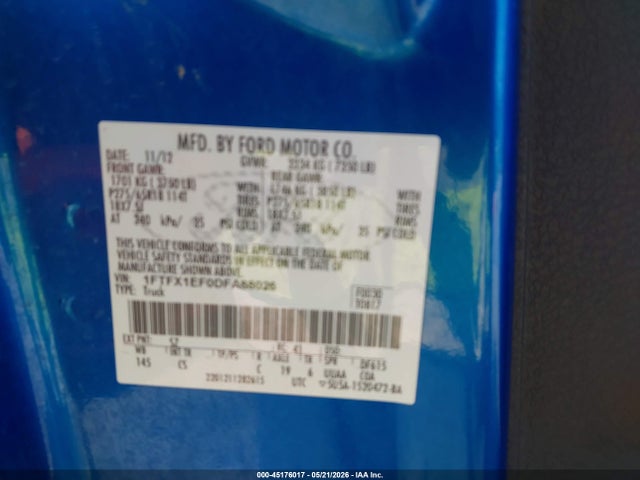 45176017 :رقم المزاد ، 1FTFX1EF0DFA88026 vin ، 2013 Ford F-150 Stx مزاد بيع