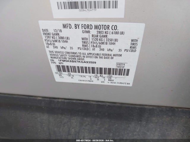 Продаж на аукціоні авто 2019 Ford Explorer, vin: 1FM5K8B87KGA93509, номер лоту: 45176024