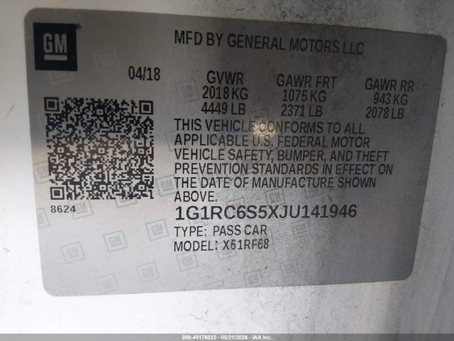 45176032 :رقم المزاد ، 1G1RC6S5XJU141946 vin ، 2018 Chevrolet Volt Lt مزاد بيع