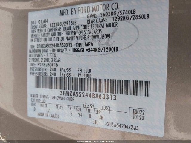 2004 Ford Freestar Sel მანქანა იყიდება აუქციონზე, vin: 2FMZA52244BA63313, აუქციონის ნომერი: 45176039