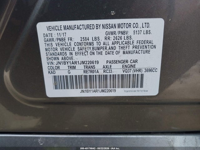 Aukcja sprzedaży 2018 Infiniti Q70 3.7x Luxe, vin: JN1BY1AR1JM220619, numer aukcji: 45176042