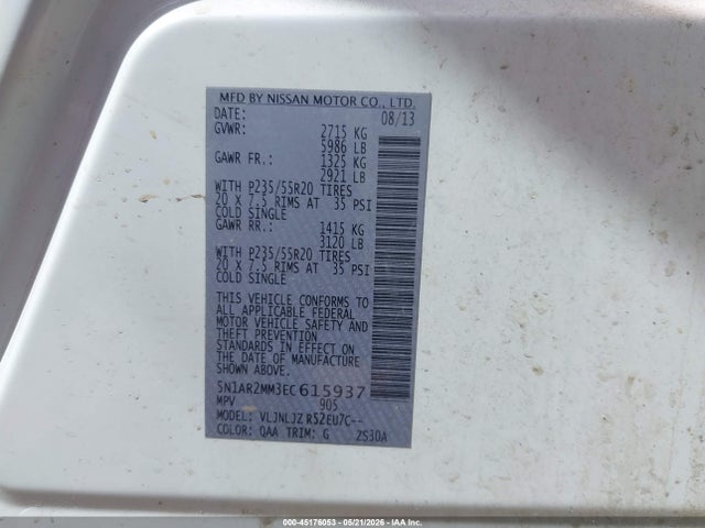 Aukcja sprzedaży 2014 Nissan Pathfinder Platinum, vin: 5N1AR2MM3EC615937, numer aukcji: 45176053