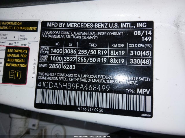 4JGDA5HB9FA468499 Mercedes-Benz Ml 350 4matic