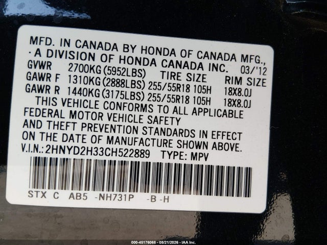 45176068 :رقم المزاد ، 2HNYD2H33CH522889 vin ، 2012 Acura Mdx Technology Package مزاد بيع