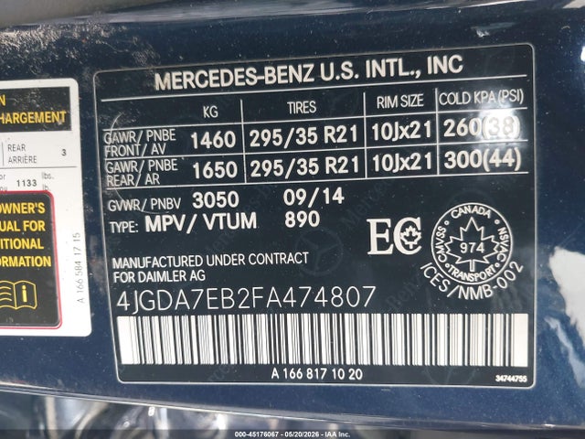 Mercedes-Benz Ml 63 Amg 4matic 2015 4JGDA7EB2FA474807 Image 9