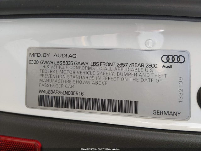 45176070 :رقم المزاد ، WAUE8AF25LN085516 vin ، 2020 Audi A6 Premium Plus 45 Tfsi Quattro S Tronic مزاد بيع