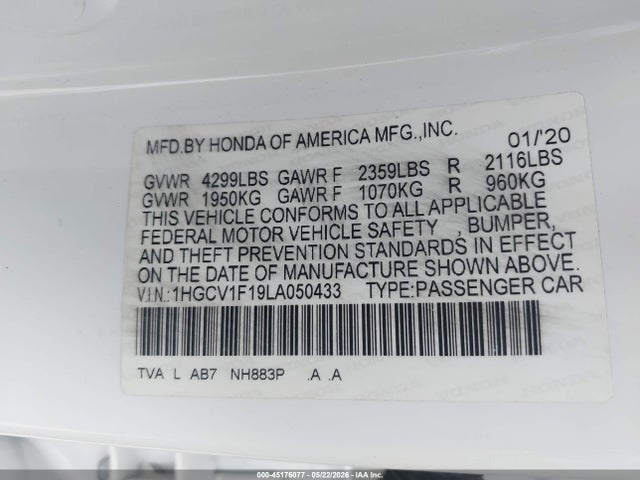 Продажа на аукционе авто 2020 Honda Accord Lx, vin: 1HGCV1F19LA050433, номер лота: 45176077