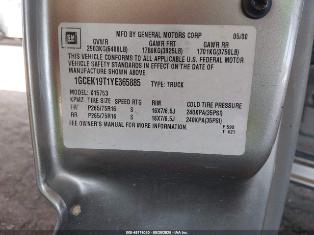 Продаж на аукціоні авто 2000 Chevrolet Silverado 1500 Ls, vin: 1GCEK19T1YE365885, номер лоту: 45176080
