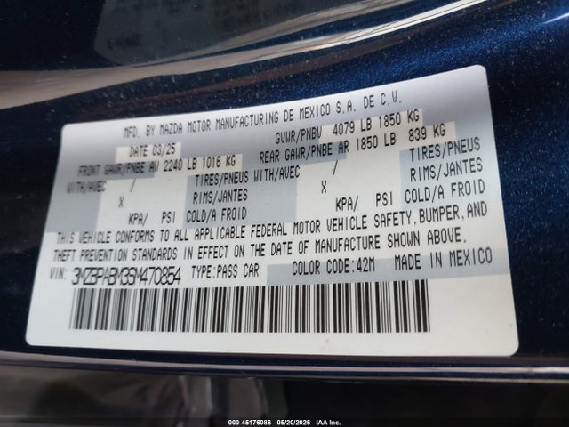 45176086 :رقم المزاد ، 3MZBPABM3SM470854 vin ، 2025 Mazda Mazda3 2.5 S Select Sport مزاد بيع