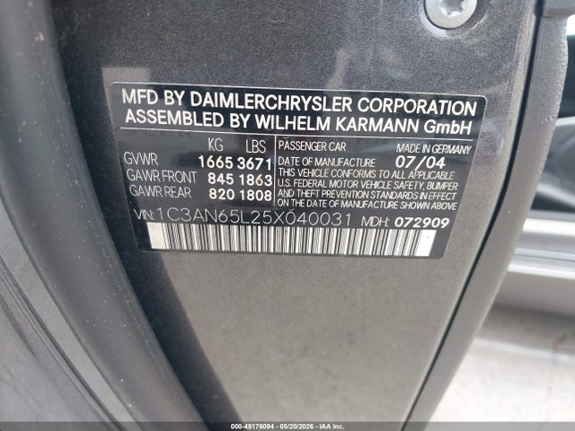 Aukcja sprzedaży 2005 Chrysler Crossfire Limited, vin: 1C3AN65L25X040031, numer aukcji: 45176094