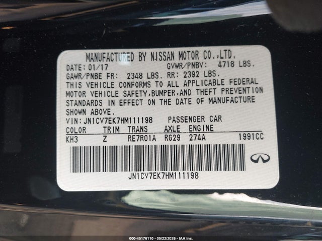 Aukcja sprzedaży 2017 Infiniti Q60 2.0t Premium, vin: JN1CV7EK7HM111198, numer aukcji: 45176110