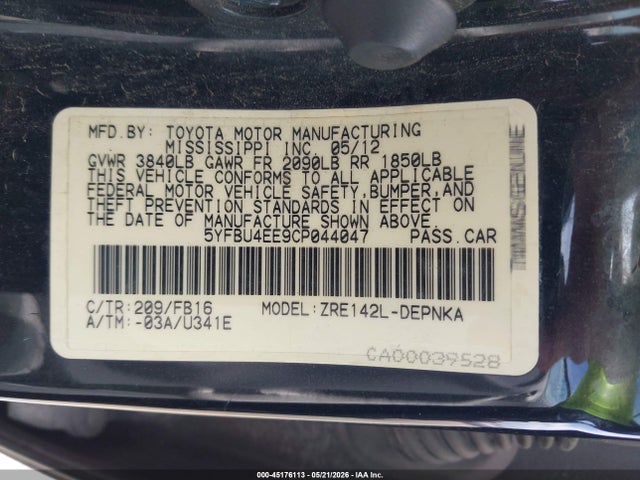 Aukcja sprzedaży 2012 Toyota Corolla Le, vin: 5YFBU4EE9CP044047, numer aukcji: 45176113