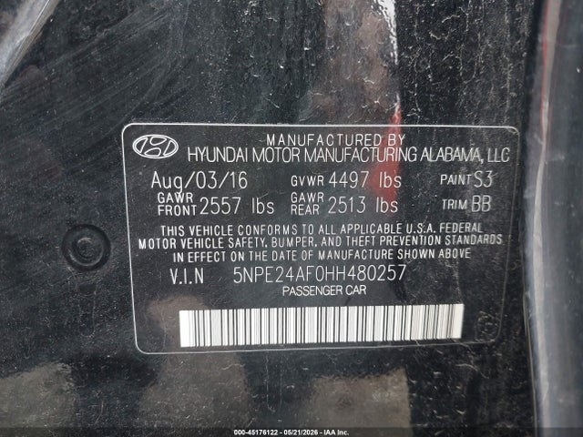 45176122 :رقم المزاد ، 5NPE24AF0HH480257 vin ، 2017 Hyundai Sonata Se مزاد بيع