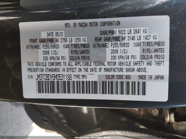 Aukcja sprzedaży 2021 Mazda Cx-9 Grand Touring, vin: JM3TCBDY5M0531188, numer aukcji: 45176132