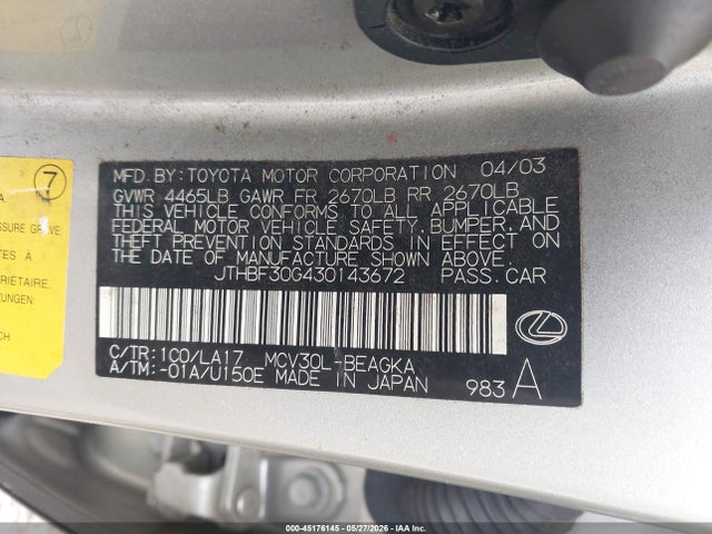 45176145 :رقم المزاد ، JTHBF30G430143672 vin ، 2003 Lexus Es 300 مزاد بيع