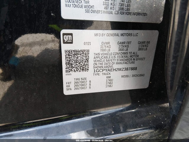 Aukcja sprzedaży 2021 Chevrolet Silverado 1500 4wd  Short Bed Wt, vin: 1GCPYAEH2MZ387888, numer aukcji: 45176164