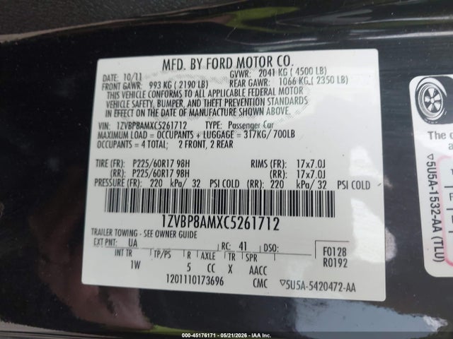 Продаж на аукціоні авто 2012 Ford Mustang V6, vin: 1ZVBP8AMXC5261712, номер лоту: 45176171