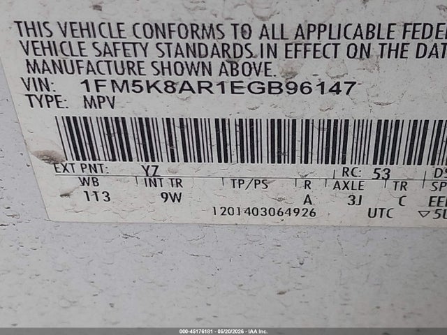 45176181 :رقم المزاد ، 1FM5K8AR1EGB96147 vin ، 2014 Ford Utility Police Interceptor مزاد بيع