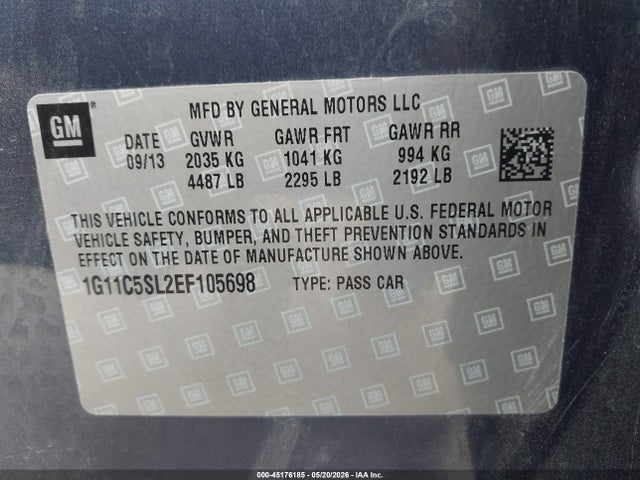 Aukcja sprzedaży 2014 Chevrolet Malibu 1lt, vin: 1G11C5SL2EF105698, numer aukcji: 45176185