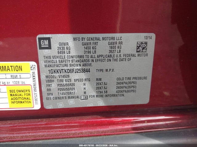 2015 Gmc Acadia Denali მანქანა იყიდება აუქციონზე, vin: 1GKKVTKD6FJ253844, აუქციონის ნომერი: 45176188