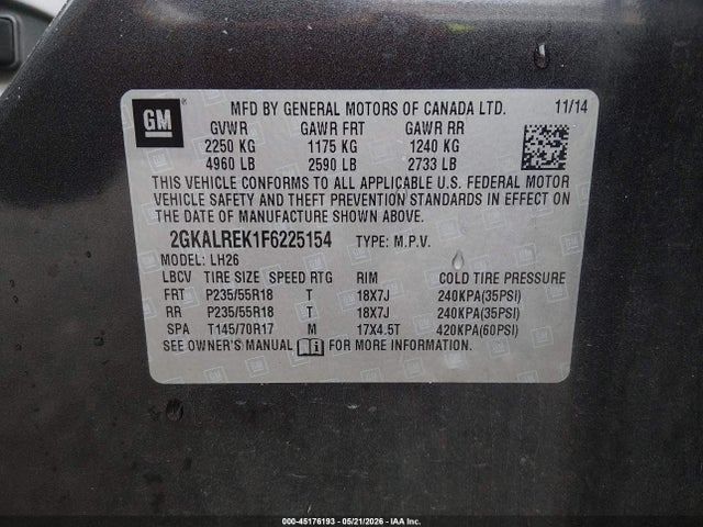 GMC Terrain Sle-2 2015 2GKALREK1F6225154 Image 9