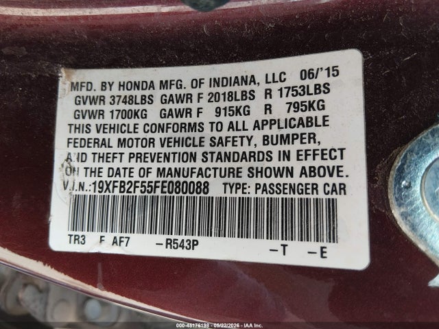 Honda Civic Lx 2015 19XFB2F55FE080088 Image 9