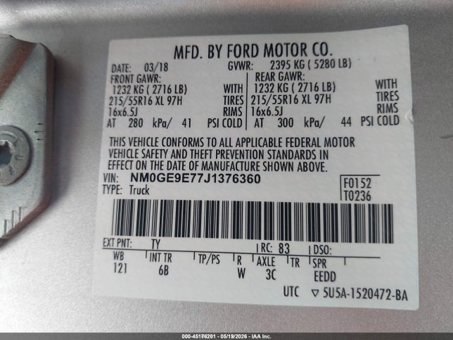 45176201 :رقم المزاد ، NM0GE9E77J1376360 vin ، 2018 Ford Transit Connect Xl مزاد بيع