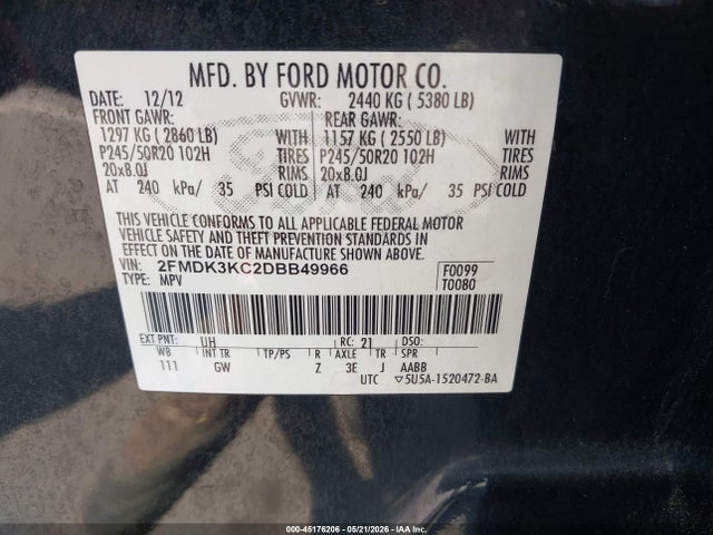 45176206 :رقم المزاد ، 2FMDK3KC2DBB49966 vin ، 2013 Ford Edge Limited مزاد بيع
