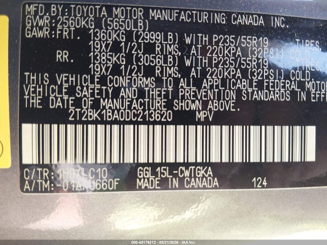 45176212 :رقم المزاد ، 2T2BK1BA0DC213620 vin ، 2013 Lexus Rx 350 مزاد بيع