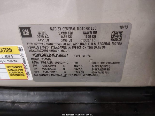 Chevrolet Traverse 1lt 2014 1GNKRGKD4EJ199571 Image 9