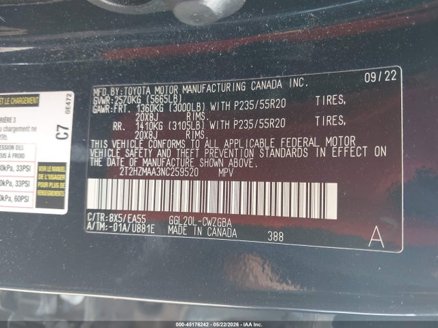 Aukcja sprzedaży 2022 Lexus Rx 350, vin: 2T2HZMAA3NC259520, numer aukcji: 45176242