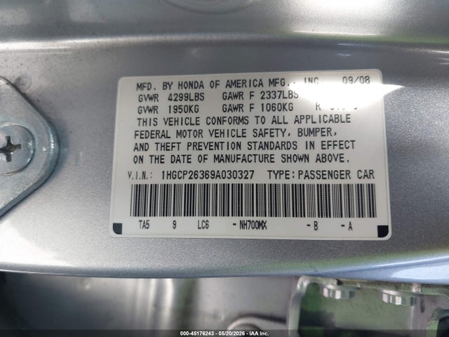 Продажа на аукционе авто 2009 Honda Accord 2.4 Lx, vin: 1HGCP26369A030327, номер лота: 45176243