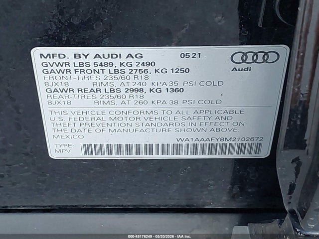 45176249 :رقم المزاد ، WA1AAAFY8M2102672 vin ، 2021 Audi Q5 Premium 45 Tfsi Quattro S Tronic مزاد بيع