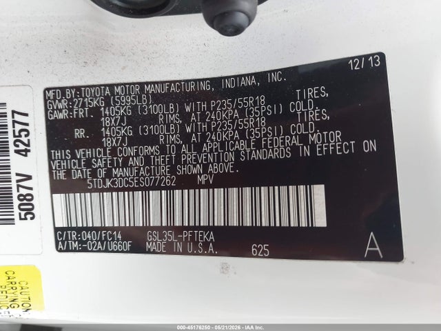 Aukcja sprzedaży 2014 Toyota Sienna Le 7 Passenger, vin: 5TDJK3DC5ES077262, numer aukcji: 45176250