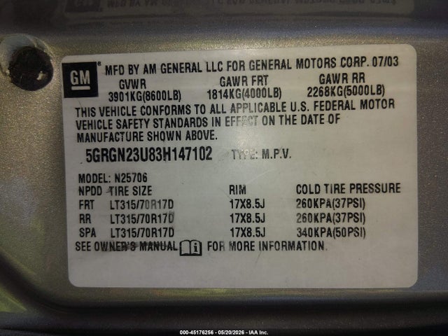 Продажа на аукционе авто 2003 Hummer H2, vin: 5GRGN23U83H147102, номер лота: 45176256