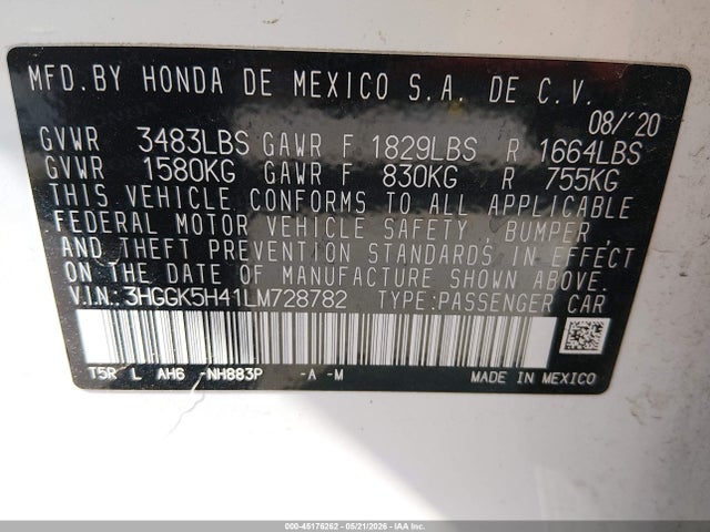 Aukcja sprzedaży 2020 Honda Fit Lx, vin: 3HGGK5H41LM728782, numer aukcji: 45176262