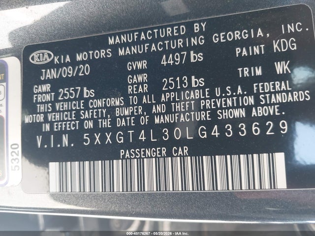 2020 Kia Optima Se მანქანა იყიდება აუქციონზე, vin: 5XXGT4L30LG433629, აუქციონის ნომერი: 45176267