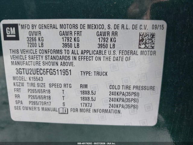 45176282 :رقم المزاد ، 3GTU2UEC6FG511951 vin ، 2015 Gmc Sierra 1500 Sle مزاد بيع