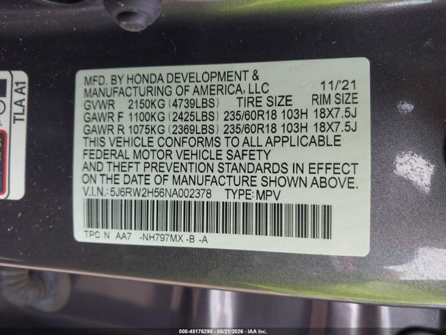 Aukcja sprzedaży 2022 Honda Cr-v Awd Ex, vin: 5J6RW2H56NA002378, numer aukcji: 45176290