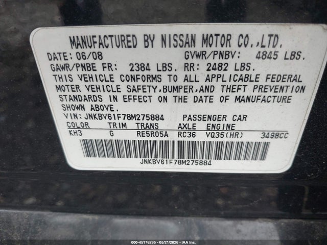 2008 Infiniti G35x მანქანა იყიდება აუქციონზე, vin: JNKBV61F78M275884, აუქციონის ნომერი: 45176295