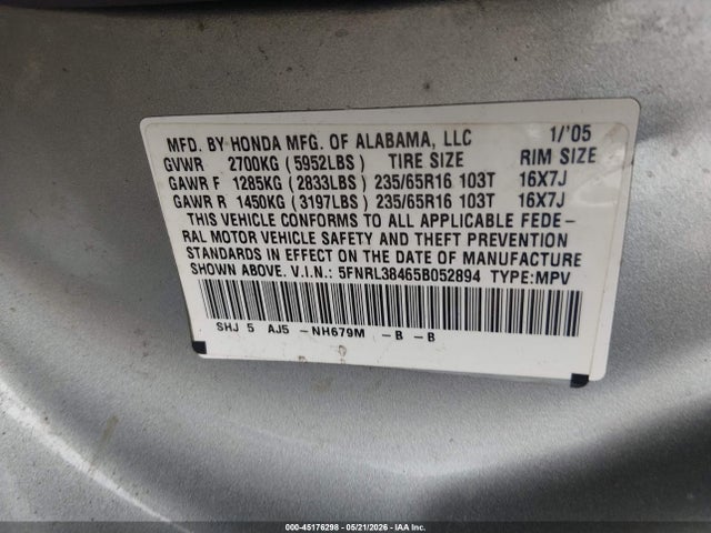 2005 Honda Odyssey Ex მანქანა იყიდება აუქციონზე, vin: 5FNRL38465B052894, აუქციონის ნომერი: 45176298