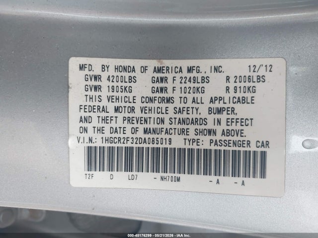 2013 Honda Accord Lx მანქანა იყიდება აუქციონზე, vin: 1HGCR2F32DA085019, აუქციონის ნომერი: 45176299