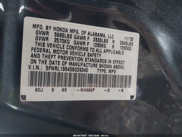 2003 Honda Odyssey Ex მანქანა იყიდება აუქციონზე, vin: 5FNRL18643B039340, აუქციონის ნომერი: 45176307