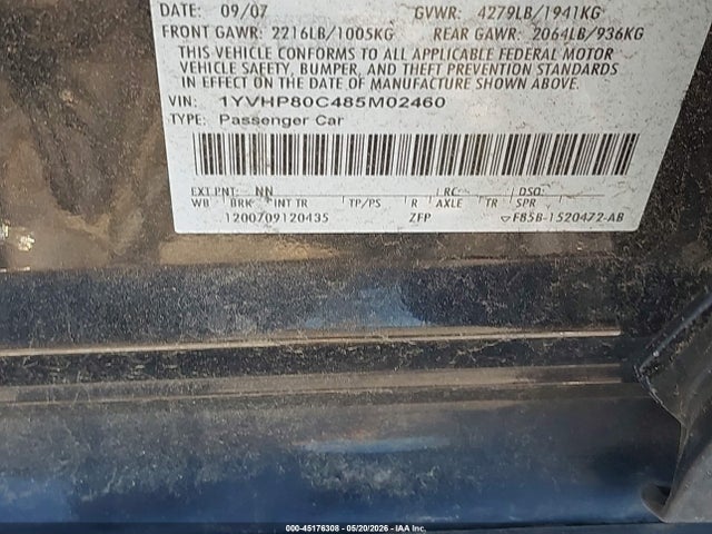 Продаж на аукціоні авто 2008 Mazda Mazda6 I Sport Ve, vin: 1YVHP80C485M02460, номер лоту: 45176308