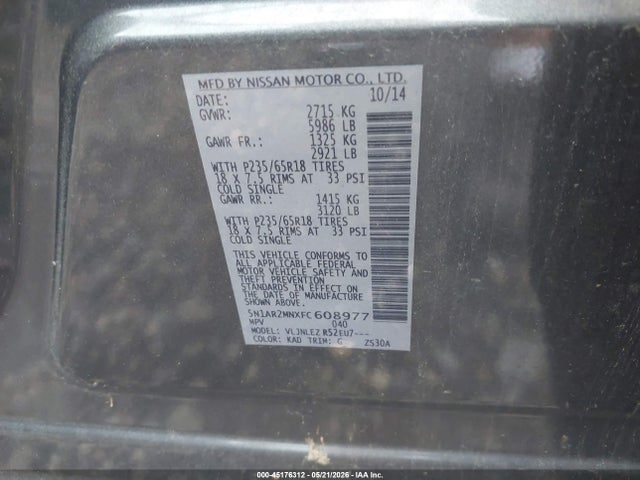 2015 Nissan Pathfinder Sv მანქანა იყიდება აუქციონზე, vin: 5N1AR2MNXFC608977, აუქციონის ნომერი: 45176312