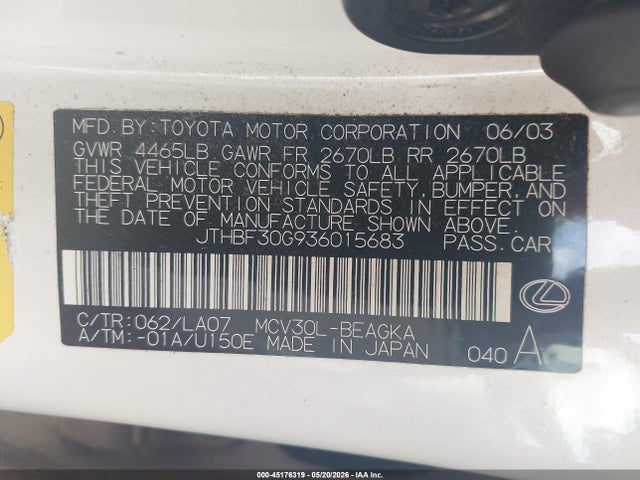 45176319 :رقم المزاد ، JTHBF30G936015683 vin ، 2003 Lexus Es 300 مزاد بيع