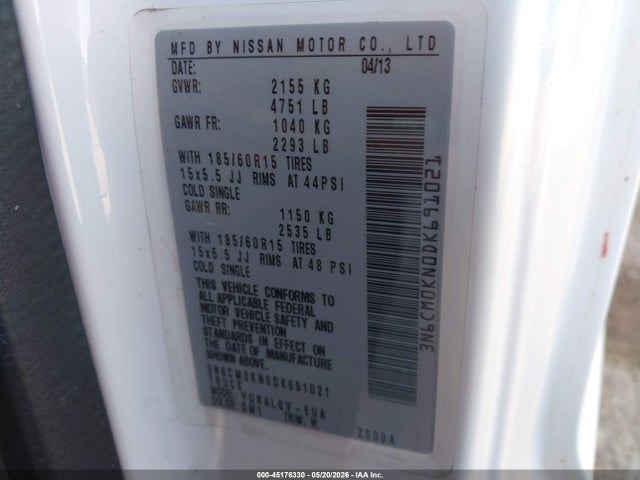2013 Nissan Nv200 Sv მანქანა იყიდება აუქციონზე, vin: 3N6CM0KN0DK691021, აუქციონის ნომერი: 45176330