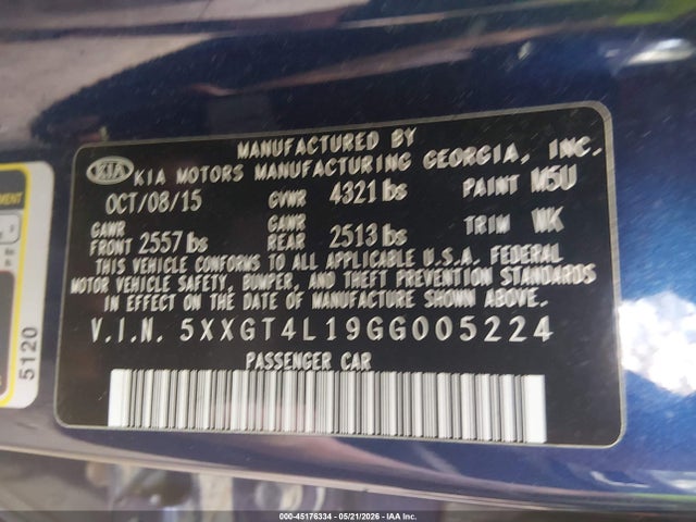 45176334 :رقم المزاد ، 5XXGT4L19GG005224 vin ، 2016 Kia Optima Lx Turbo مزاد بيع